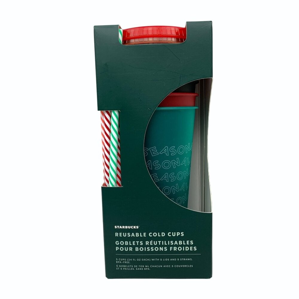 Starbucks Reusable 24 oz Cold Cups w/ Lids & Straws Holiday 2019 Set Of 5 New